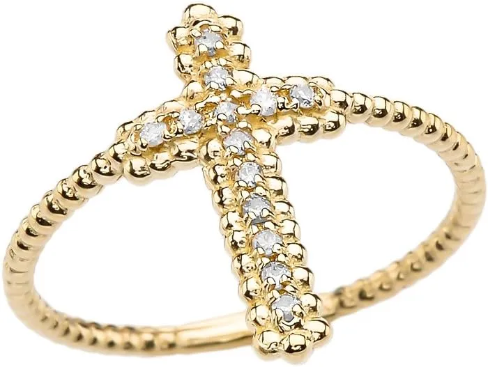 14k Yellow Gold Dainty Diamond Cross Beaded Index Ring