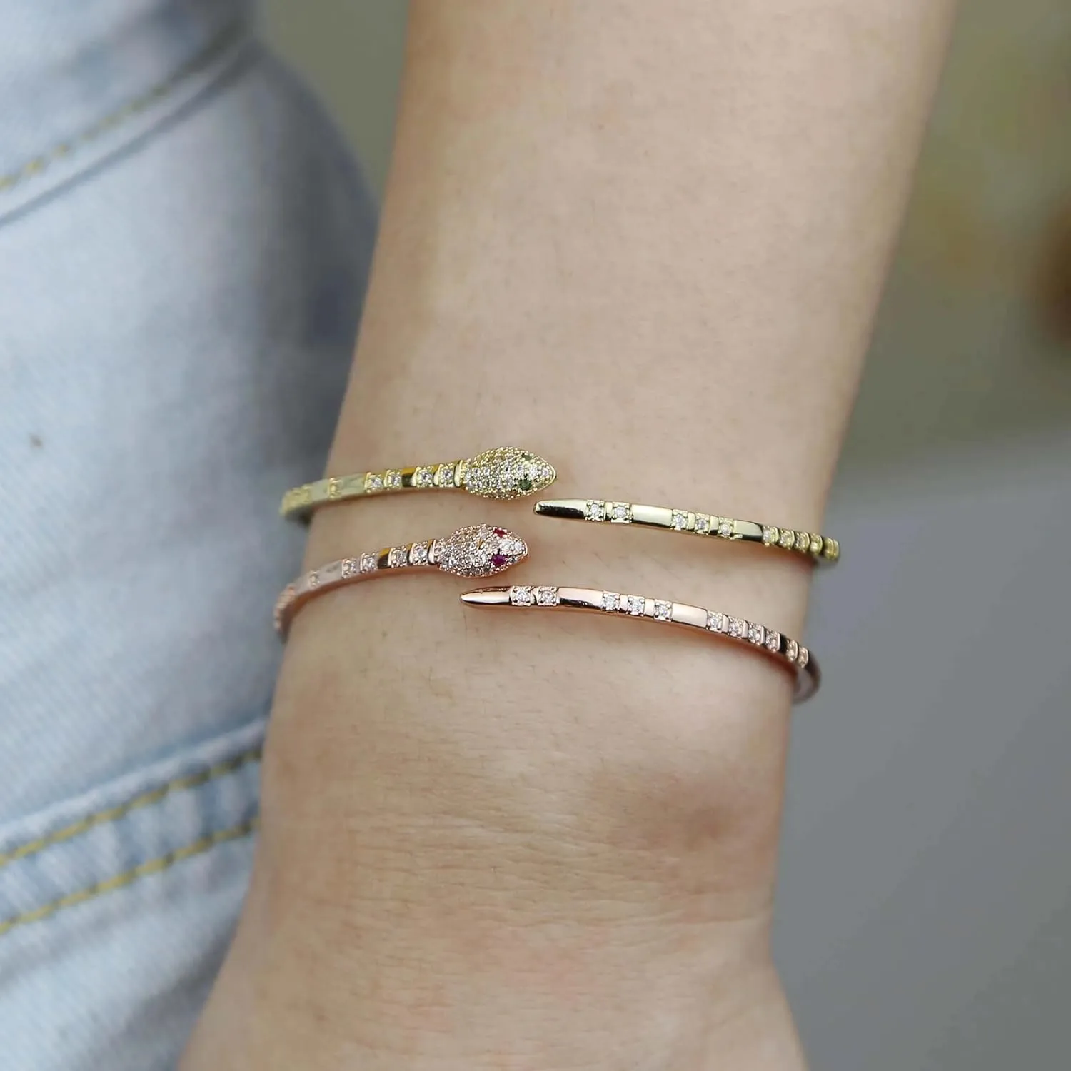 14K Yellow Gold Medusa Bracelet, Steling Silver Medusa Snake Charm Bracelets For Elegant Women, Cubic Zirconia Bracelet & Bangle Adjustable Pulseras Mujer, Animal Snake Bangles Cuff