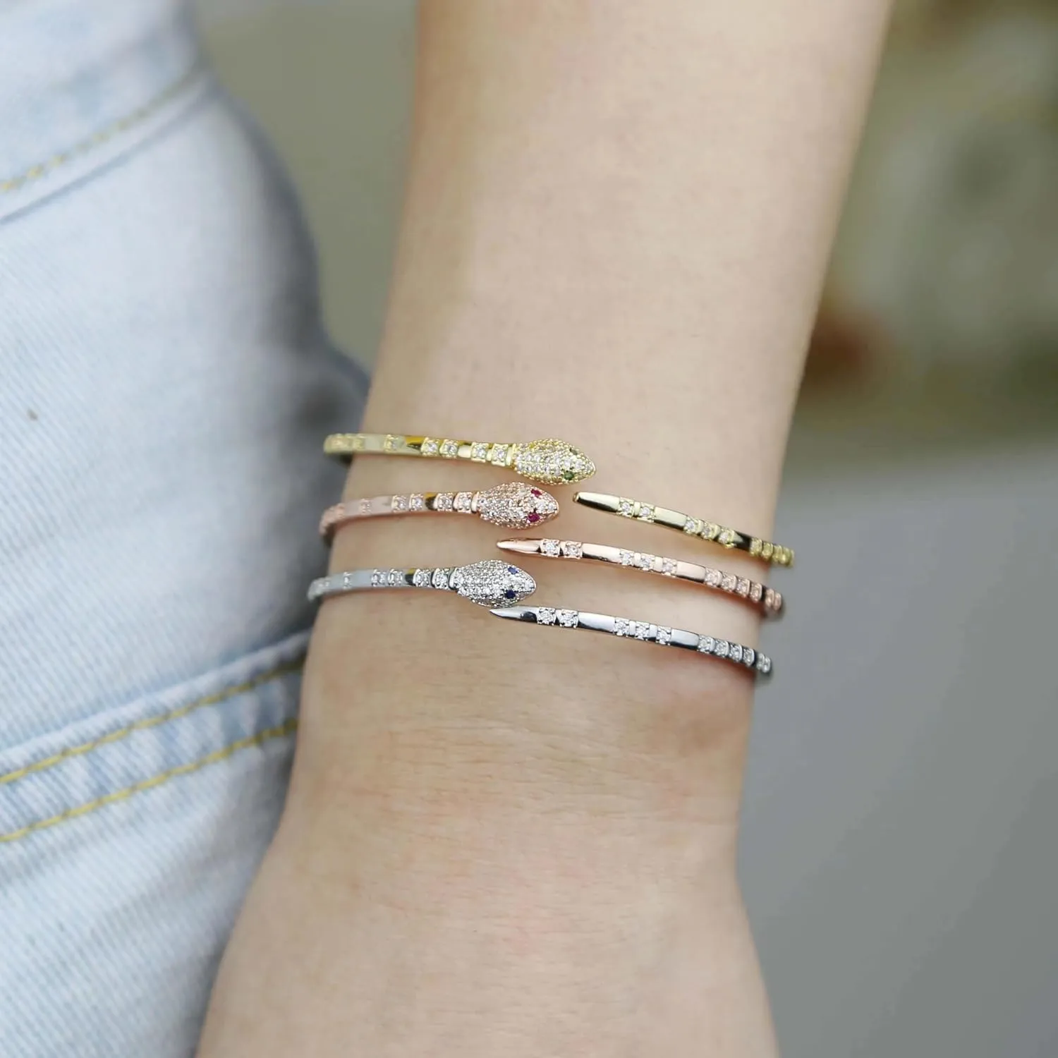 14K Yellow Gold Medusa Bracelet, Steling Silver Medusa Snake Charm Bracelets For Elegant Women, Cubic Zirconia Bracelet & Bangle Adjustable Pulseras Mujer, Animal Snake Bangles Cuff