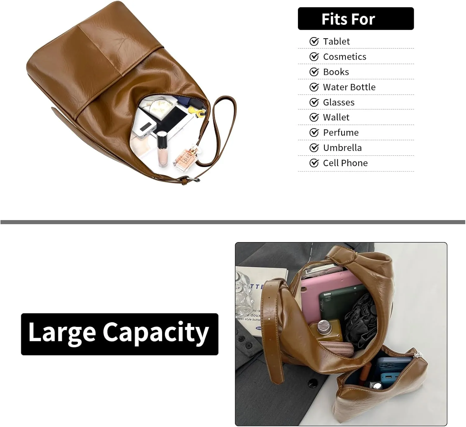 2 pcs Leather Tote Bag for Women Slouchy Hobo Bags Vegan Leather Hobo Purse Shoulder Handbag Large Crossbody Bags