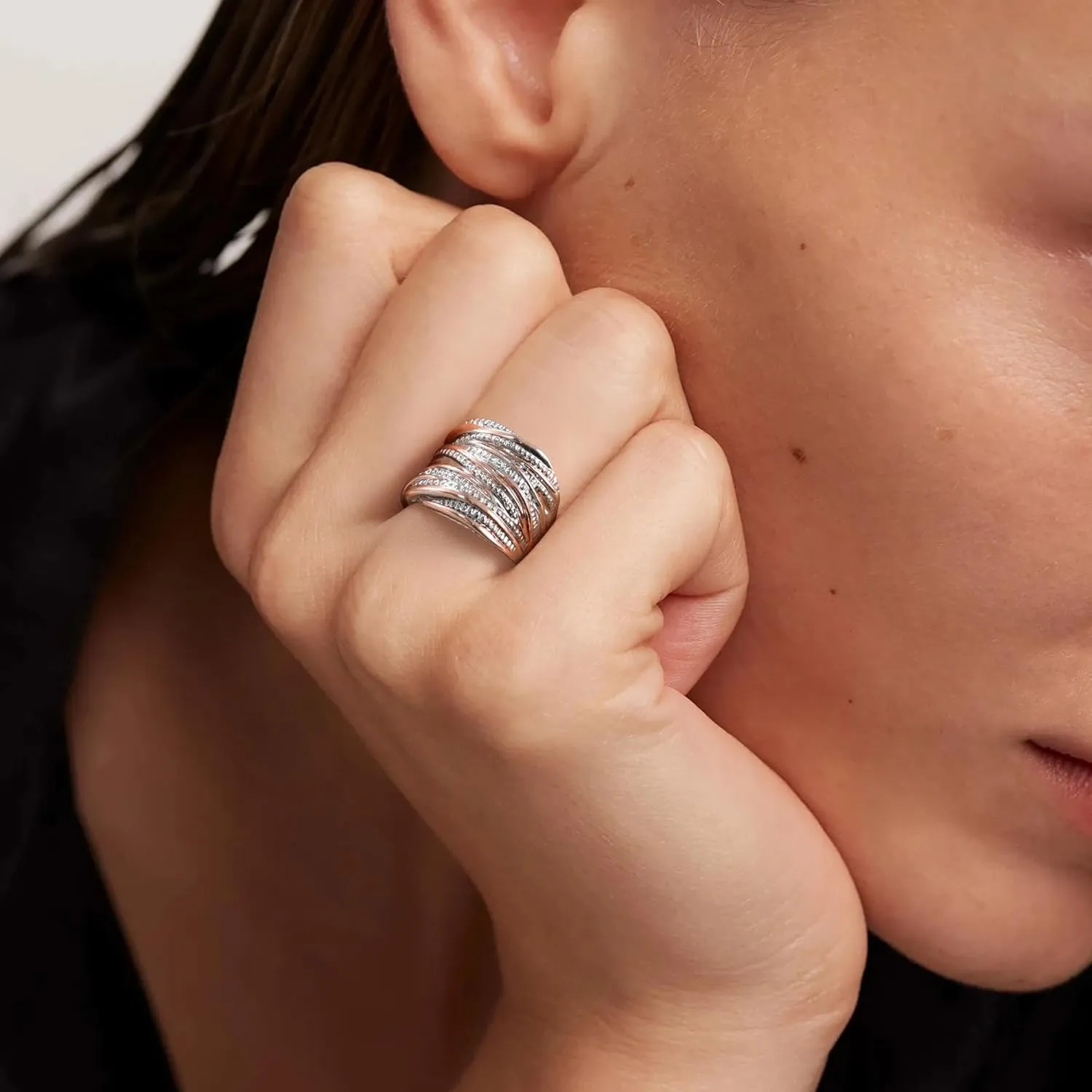 2 Tone Intertwined Crossover Statement Ring Fashion Chunky Band Rings for Women Black Gold Silver Rose Gold Plated Wide Index Finger Rings Costume Jewelry