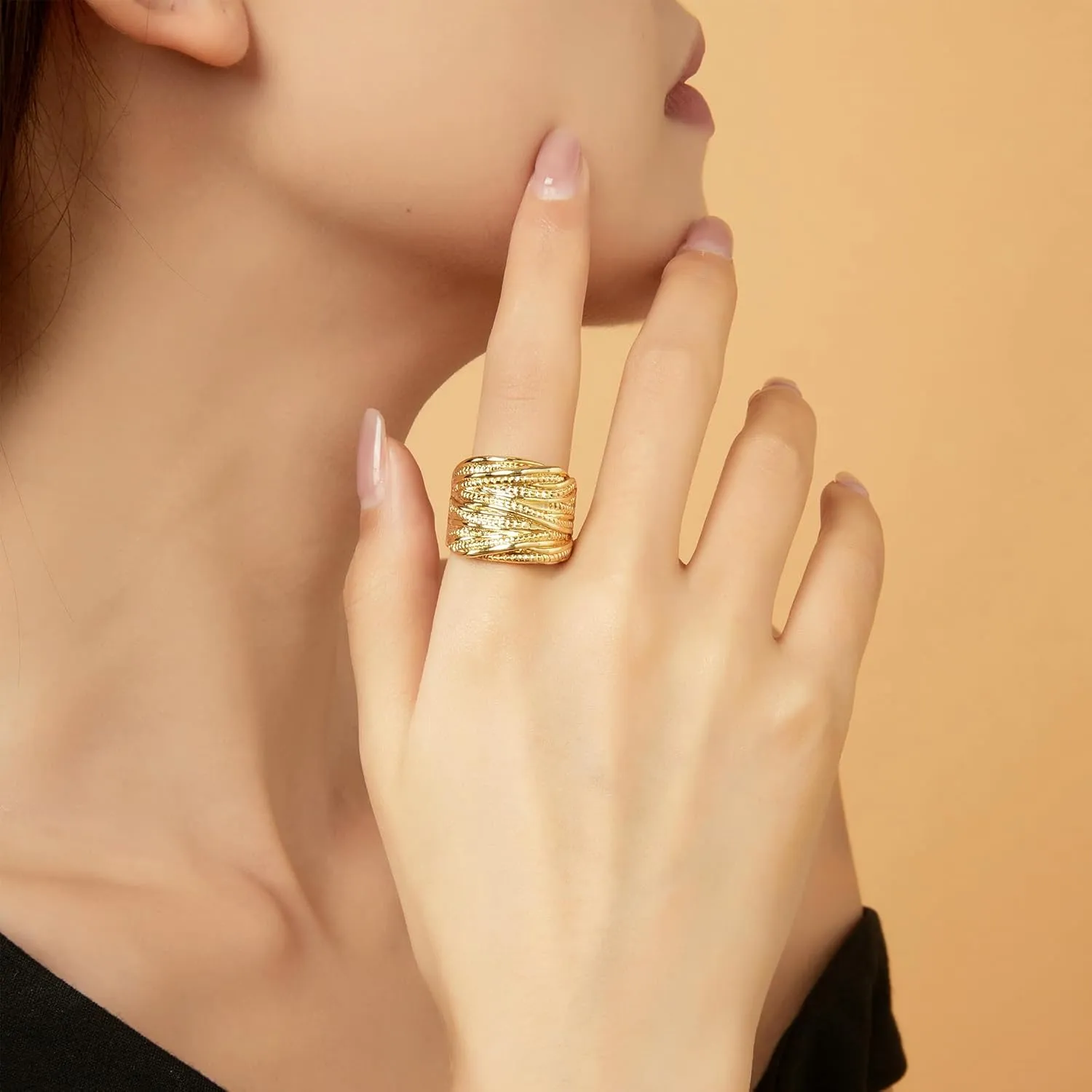 2 Tone Intertwined Crossover Statement Ring Fashion Chunky Band Rings for Women Black Gold Silver Rose Gold Plated Wide Index Finger Rings Costume Jewelry