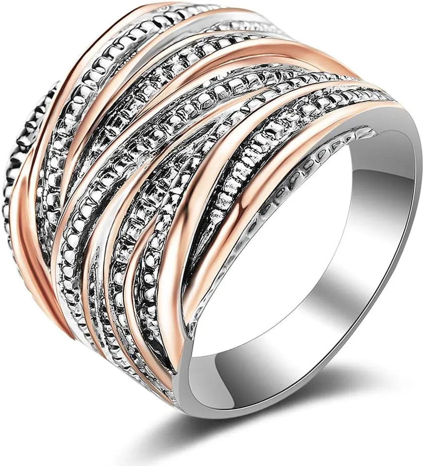 2 Tone Intertwined Crossover Statement Ring Fashion Chunky Band Rings for Women Black Gold Silver Rose Gold Plated Wide Index Finger Rings Costume Jewelry