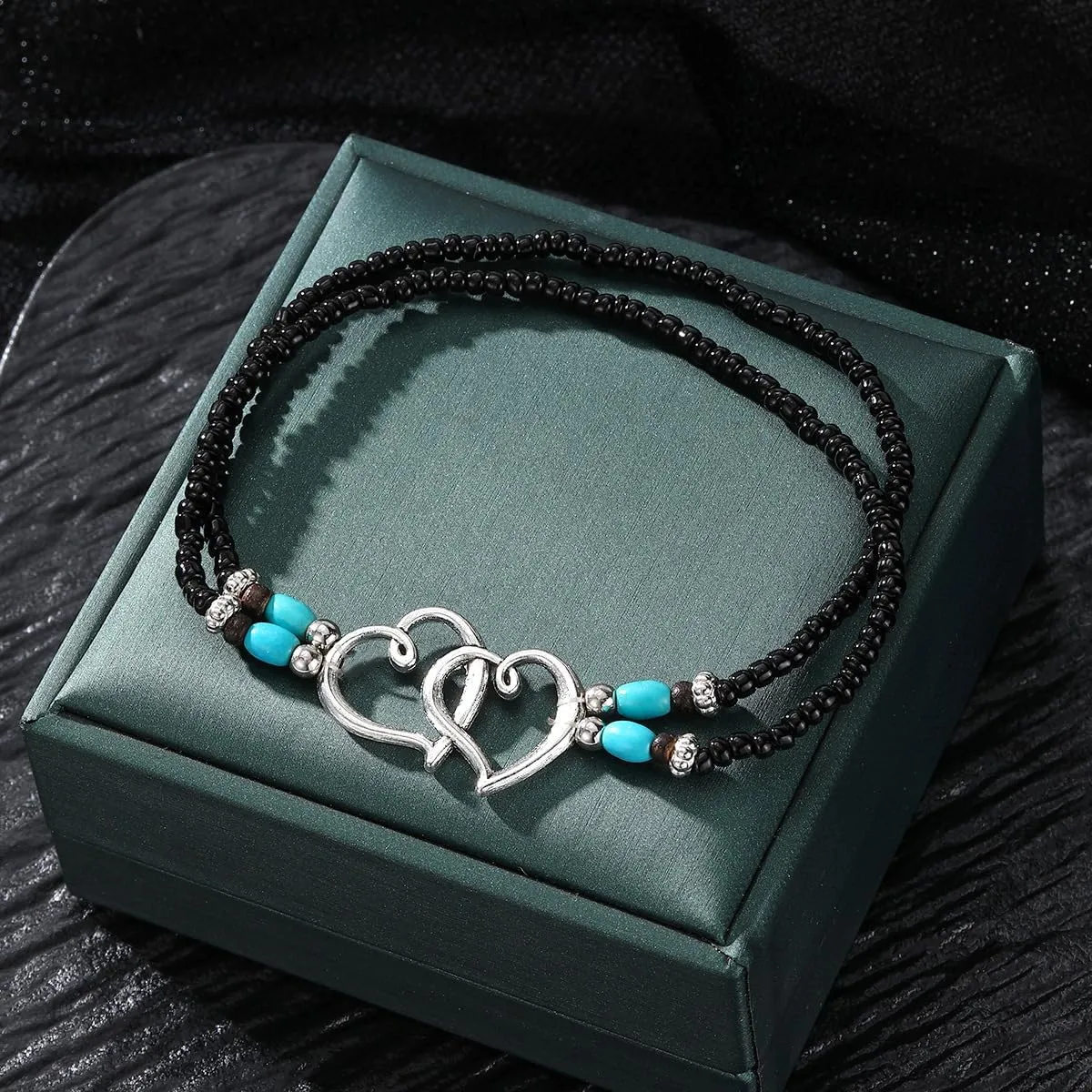 2PCS Beaded Anklets for Women with Silver Double Heart Stretch Elastic Ankle Bracelets for Women Summer Boho Jewelry