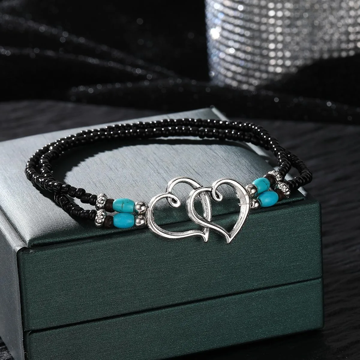 2PCS Beaded Anklets for Women with Silver Double Heart Stretch Elastic Ankle Bracelets for Women Summer Boho Jewelry