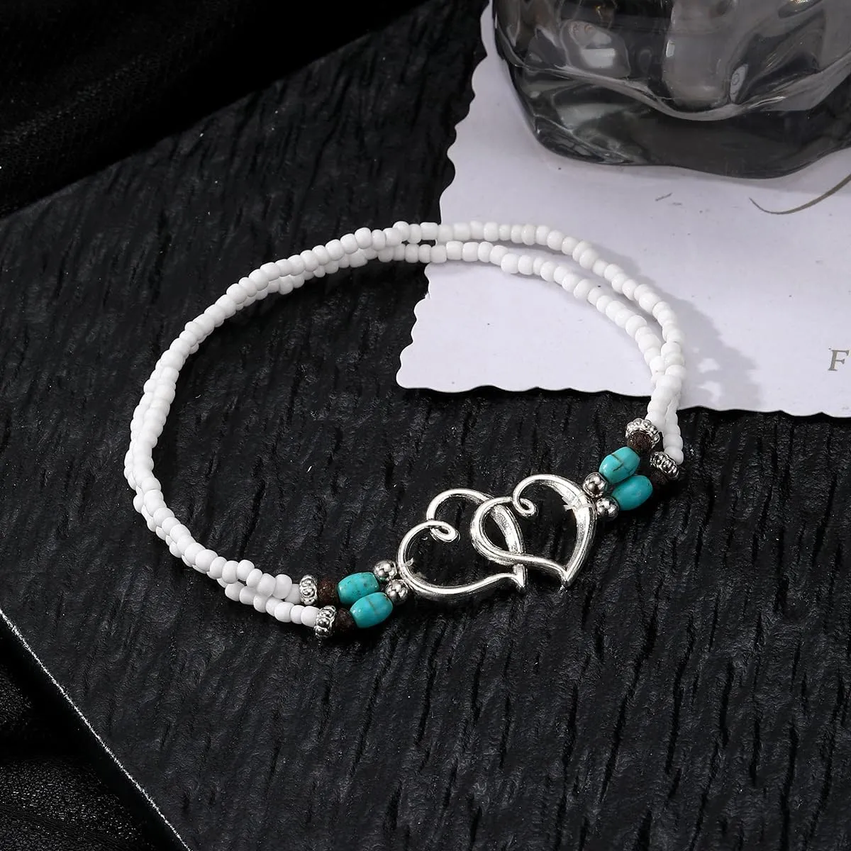2PCS Beaded Anklets for Women with Silver Double Heart Stretch Elastic Ankle Bracelets for Women Summer Boho Jewelry