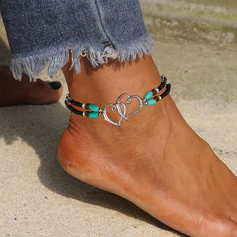 2PCS Beaded Anklets for Women with Silver Double Heart Stretch Elastic Ankle Bracelets for Women Summer Boho Jewelry