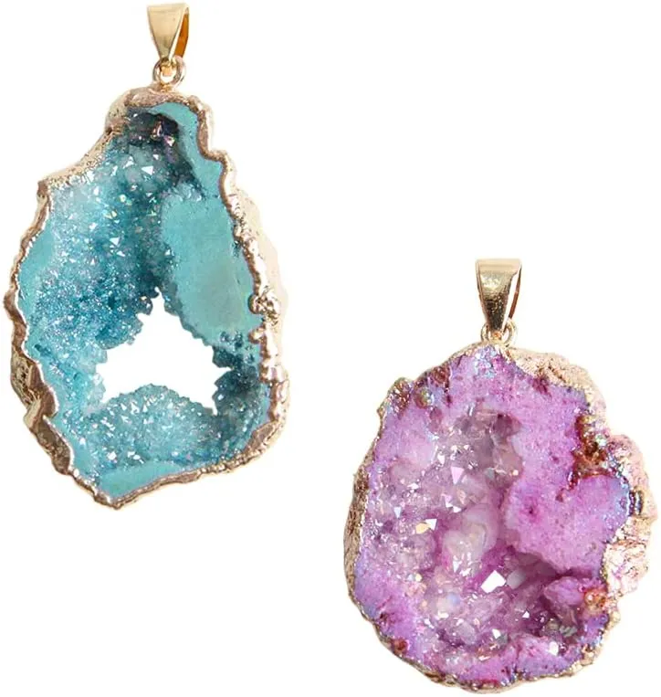 2Pcs Geometric Irregular Rock Druzy Stone Pendant Necklaces Vintage Crystal Agate Geode Slice Necklace Charm Purple Blue