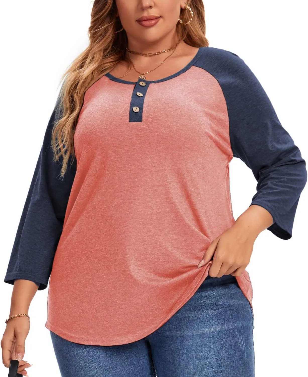 3/4 Sleeve Shirts for Women Plus Size Casual V Neck Blouses Color Block Henley Shirts