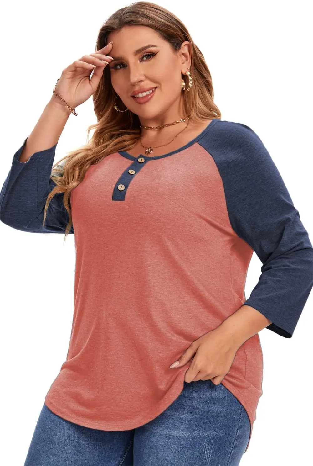 3/4 Sleeve Shirts for Women Plus Size Casual V Neck Blouses Color Block Henley Shirts