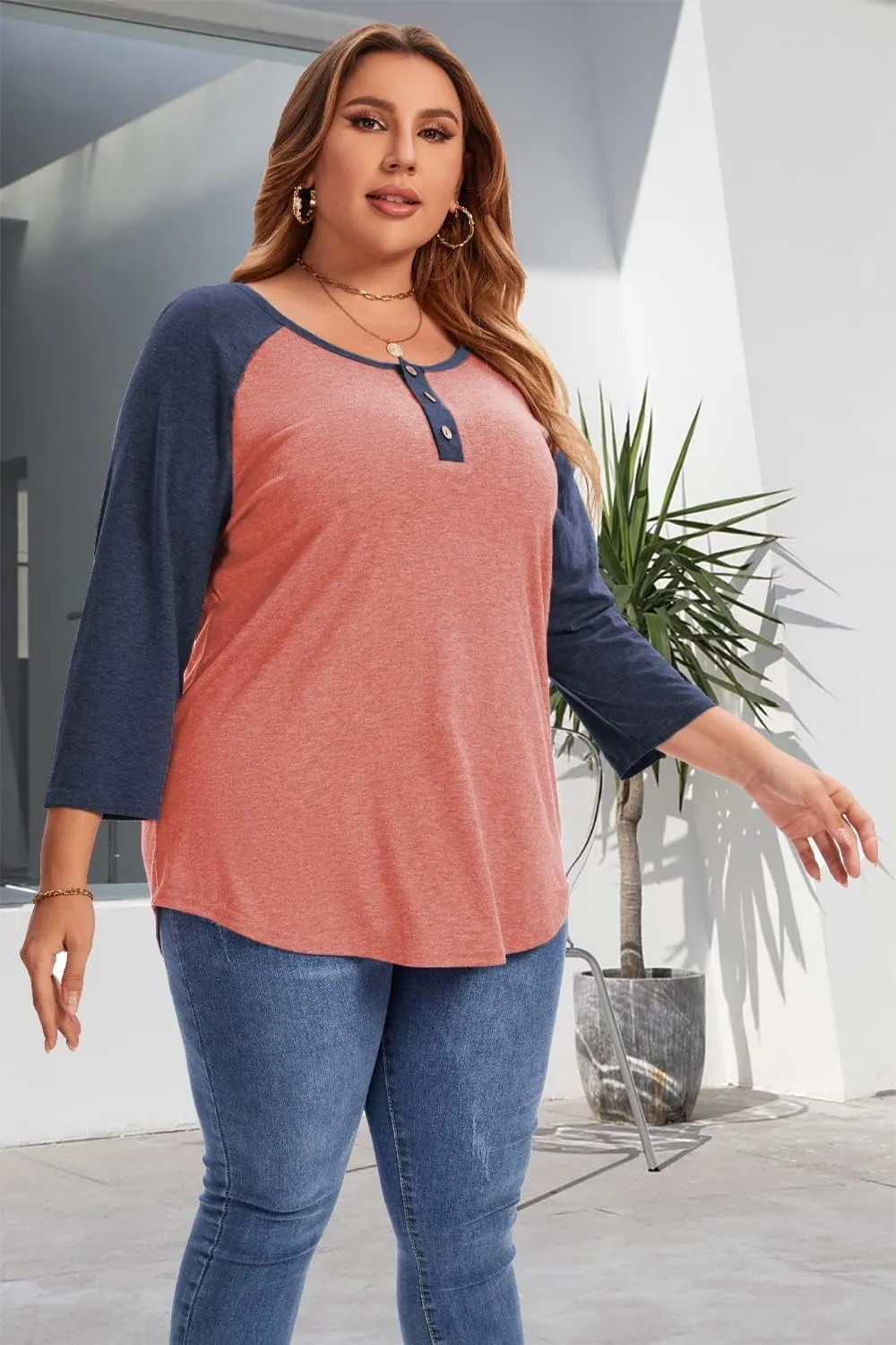 3/4 Sleeve Shirts for Women Plus Size Casual V Neck Blouses Color Block Henley Shirts