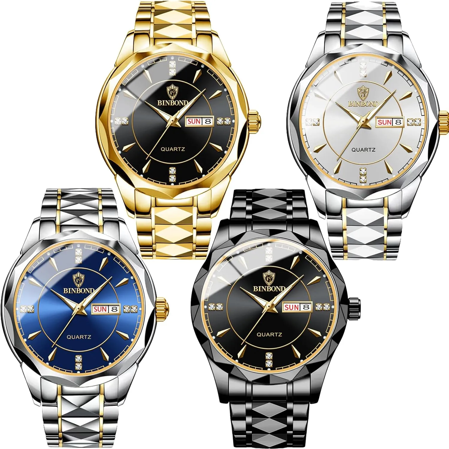 4 Pack Mens Watches Set, Big Dial Watches for Men Stainless Steel Watch with Date Week Waterproof Luminous Classic Business Diamond Wristwatch Wholesales