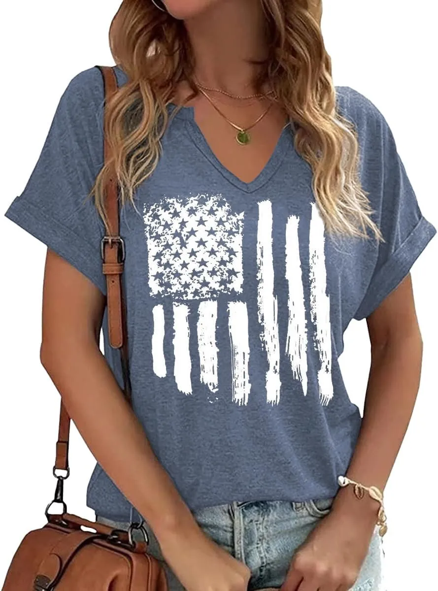 4th of July V Neck Patriotic T-Shirts Women American Flag Print Faith Family Freedom Letter Casual Short Sleeve Tee Tops