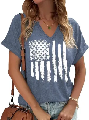 4th of July V Neck Patriotic T-Shirts Women American Flag Print Faith Family Freedom Letter Casual Short Sleeve Tee Tops