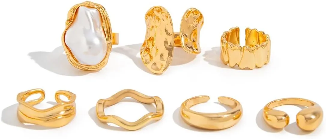 6Pcs Baroque Ring Set Gold/Silver Chunky Rings for Women Non Tarnish Open Adjustable Statement Irregular Ring Elegant Stackable Rings Set Jewelry Pack Thumb Finger Gift for Women