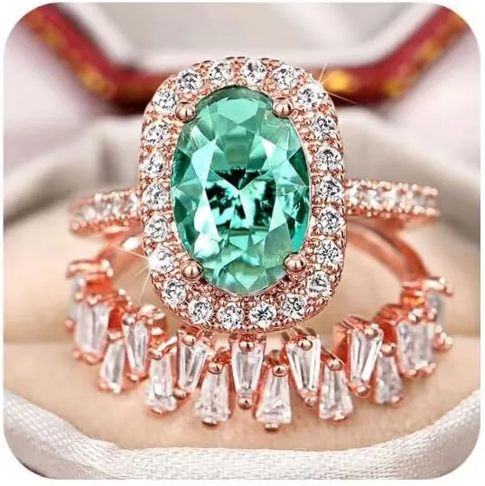 925 Sterling Silver Emerald Green Zirconia Ring Set  Geometric Trapezoid Wedding Band, Bold Vintage-Inspired Couple Rings, Luxury Matching His & Hers Jewelry Size 7