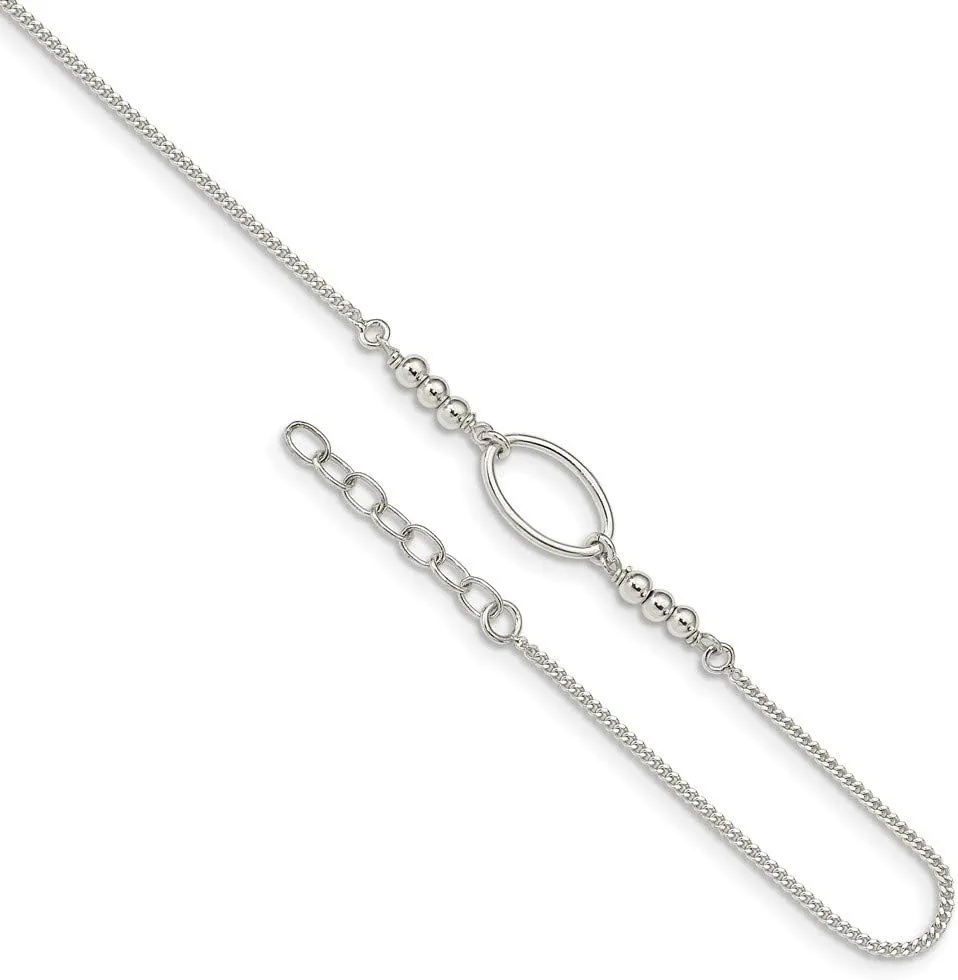 925 Sterling Silver Oval and Beaded 1in Extension Anklet 9" (Width = 8mm)