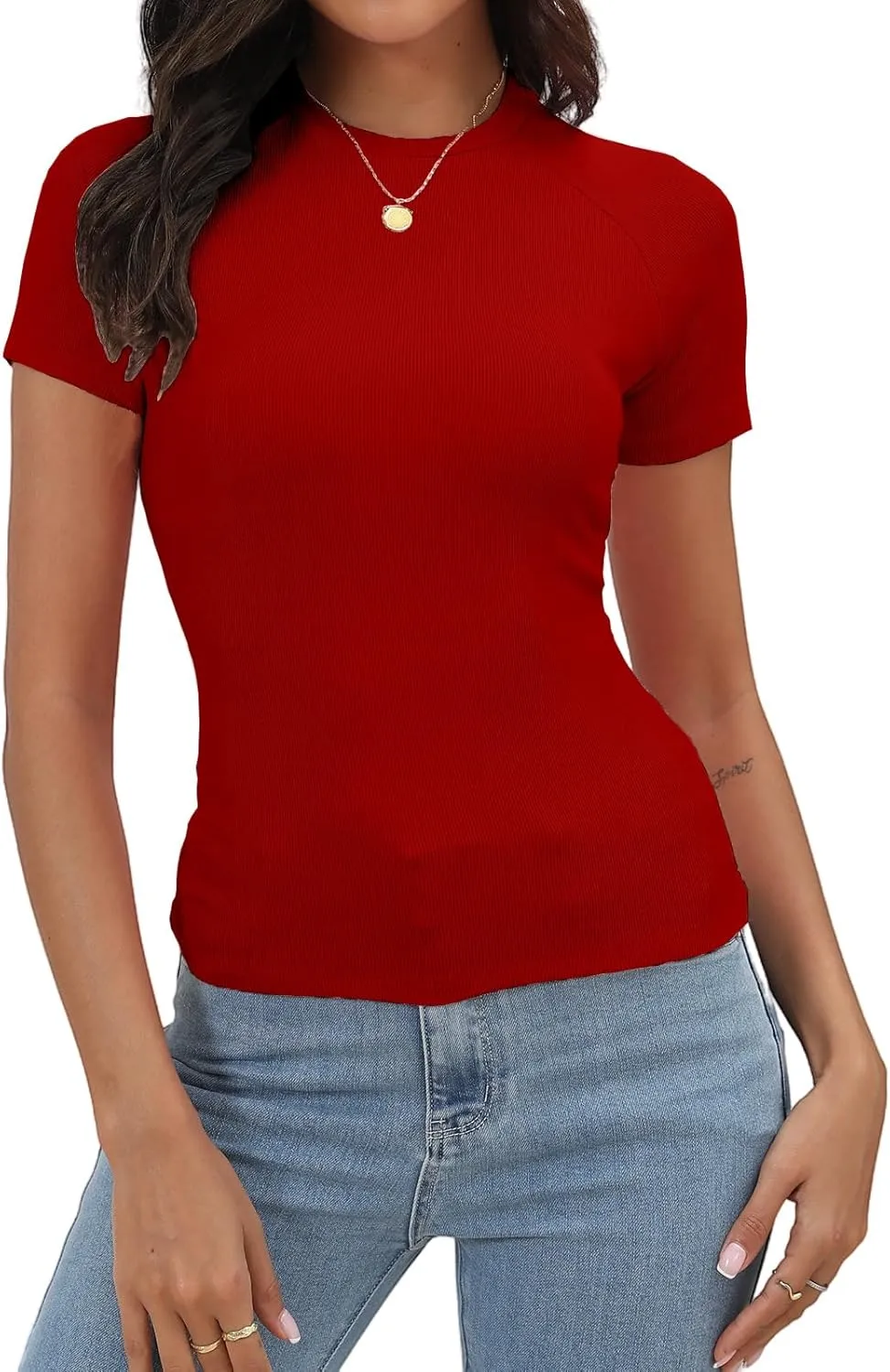 Abardsion Women's Casual Basic Knit Ribbed Tees 2024 Slim Raglan Sleeve Crewneck T Shirts Tops