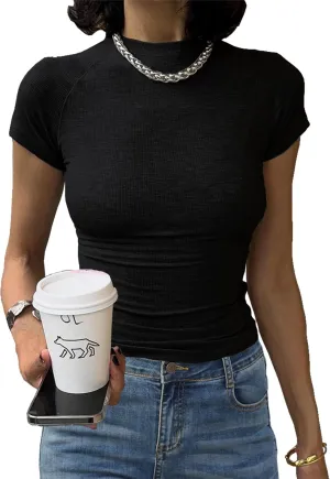Abardsion Women's Casual Basic Knit Ribbed Tees 2024 Slim Raglan Sleeve Crewneck T Shirts Tops