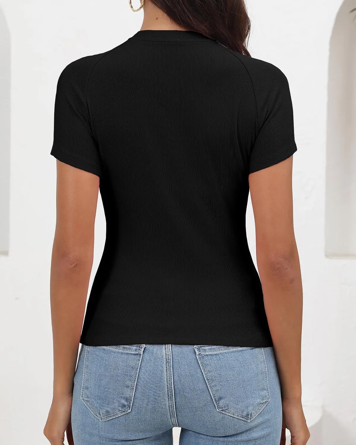 Abardsion Women's Casual Basic Knit Ribbed Tees 2024 Slim Raglan Sleeve Crewneck T Shirts Tops