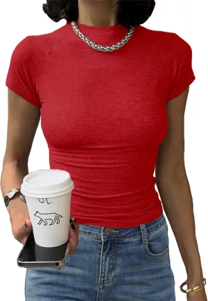 Abardsion Women's Casual Basic Knit Ribbed Tees 2024 Slim Raglan Sleeve Crewneck T Shirts Tops