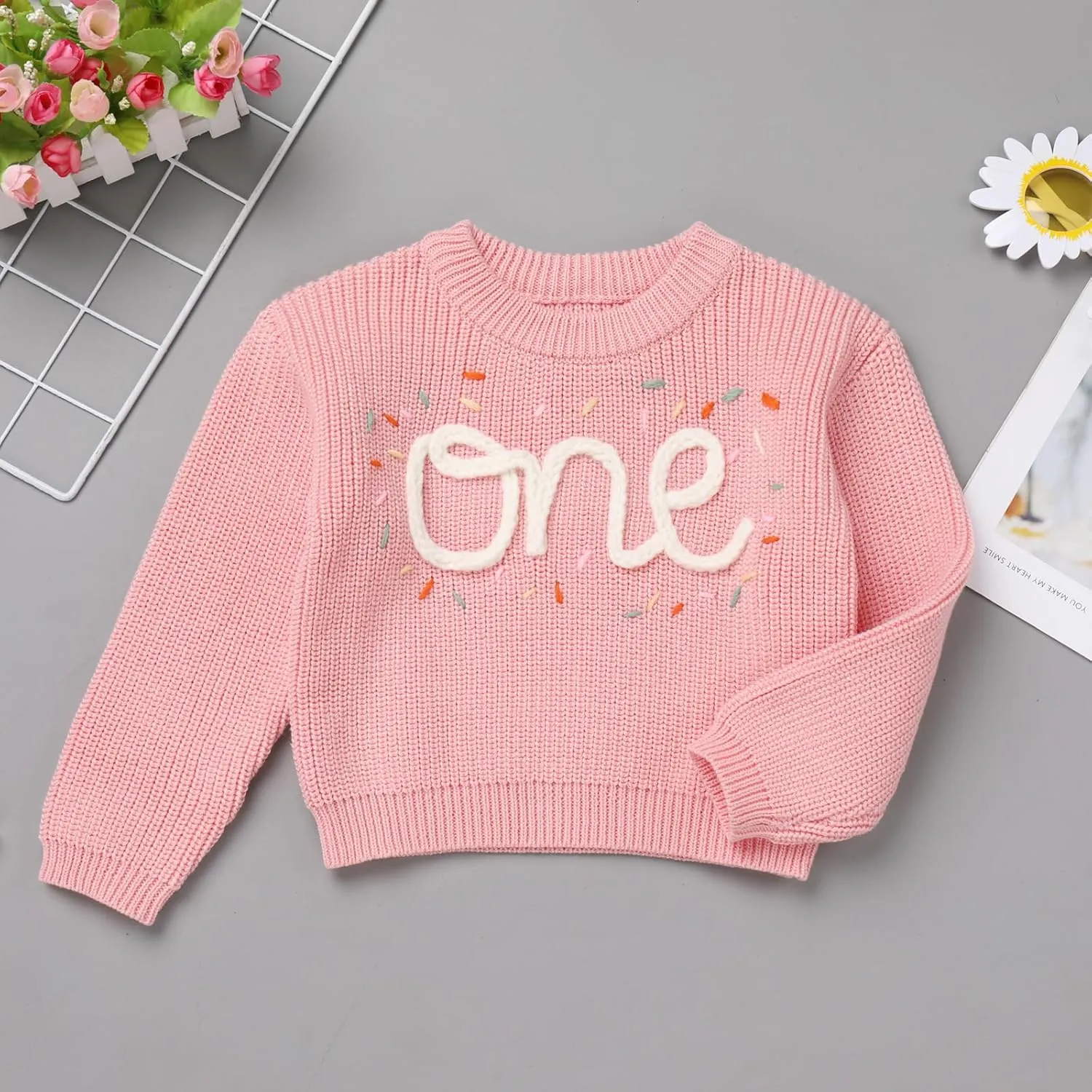 AFAVOM Baby Girls First Birthday Knit Sweater Winter Fall Clothes One Year Birthday Outfit Cake Smash Top Pullover Sweatshirt