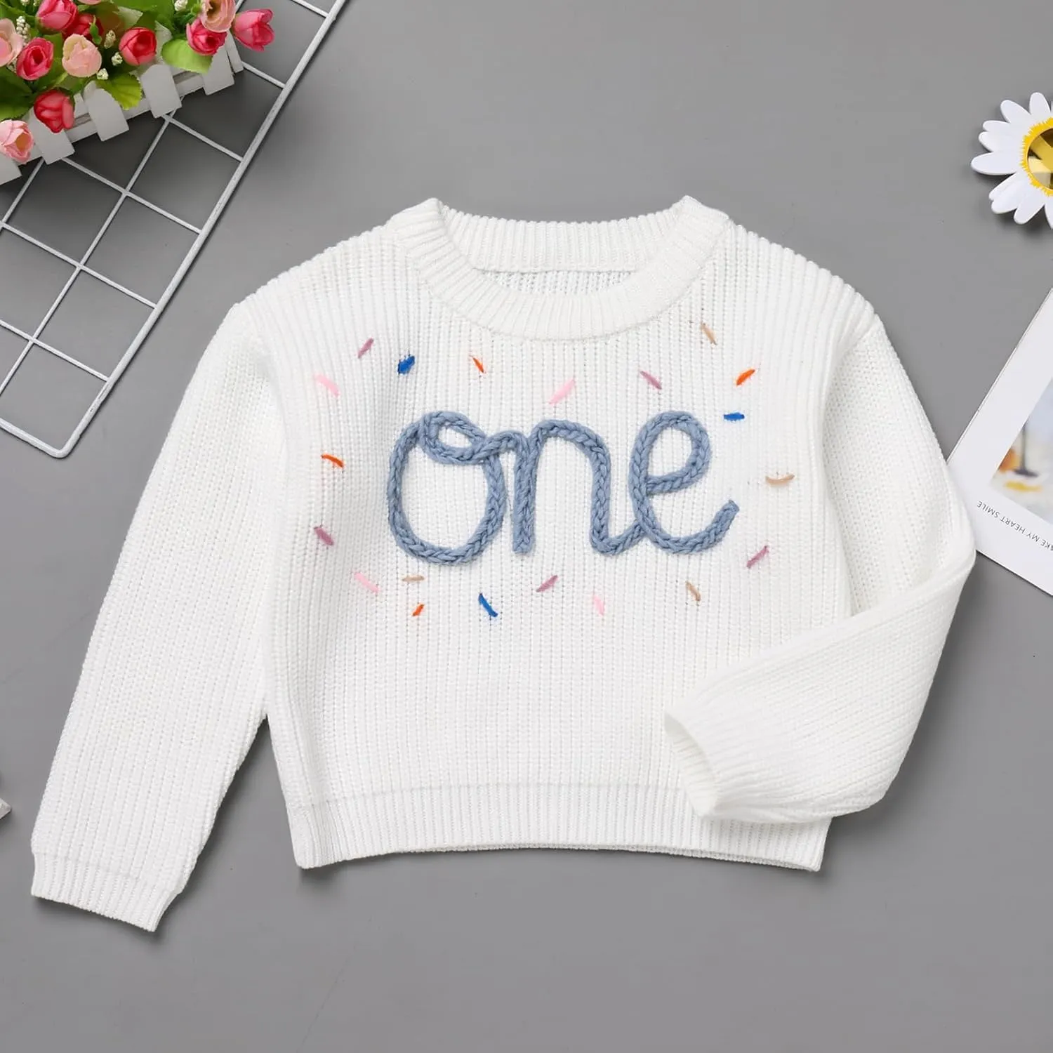 AFAVOM Baby Girls First Birthday Knit Sweater Winter Fall Clothes One Year Birthday Outfit Cake Smash Top Pullover Sweatshirt