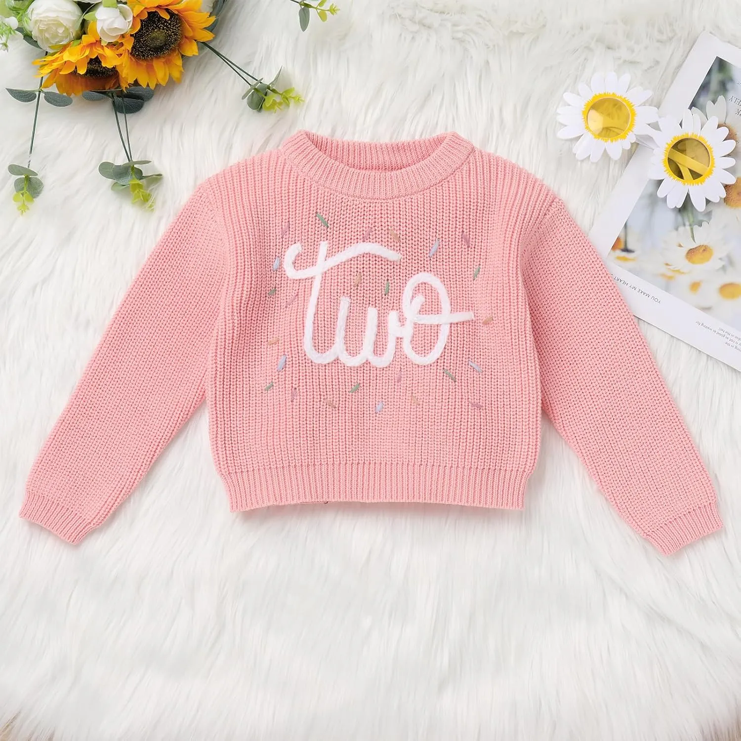 AFAVOM Baby Girls First Birthday Knit Sweater Winter Fall Clothes One Year Birthday Outfit Cake Smash Top Pullover Sweatshirt