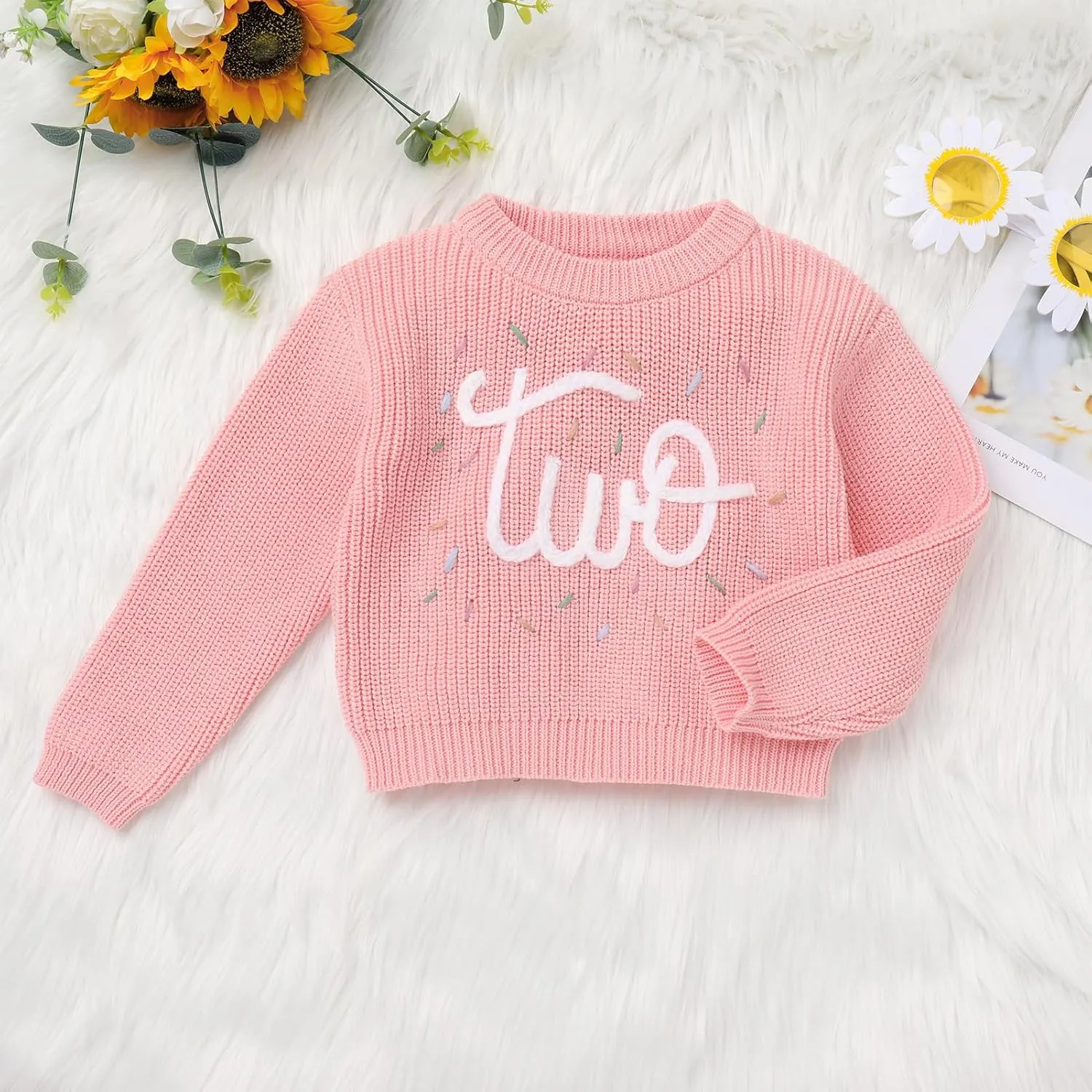 AFAVOM Baby Girls First Birthday Knit Sweater Winter Fall Clothes One Year Birthday Outfit Cake Smash Top Pullover Sweatshirt