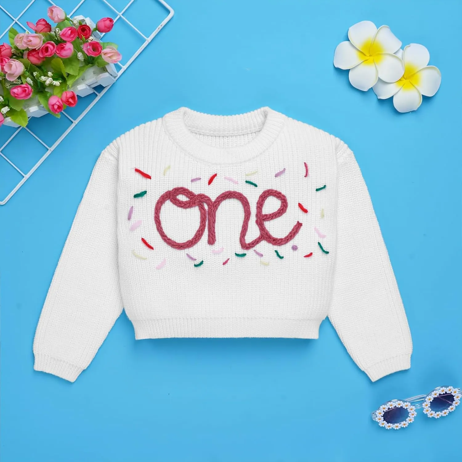 AFAVOM Baby Girls First Birthday Knit Sweater Winter Fall Clothes One Year Birthday Outfit Cake Smash Top Pullover Sweatshirt