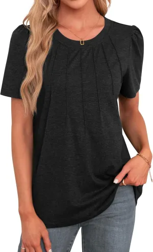 Agnes Urban Womens Tops Dressy Casual Short Sleeve Shirts Summer Loose T Shirts Trendy Tops Pleated Tunic Blouses