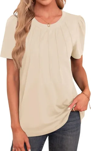 Agnes Urban Womens Tops Dressy Casual Short Sleeve Shirts Summer Loose T Shirts Trendy Tops Pleated Tunic Blouses