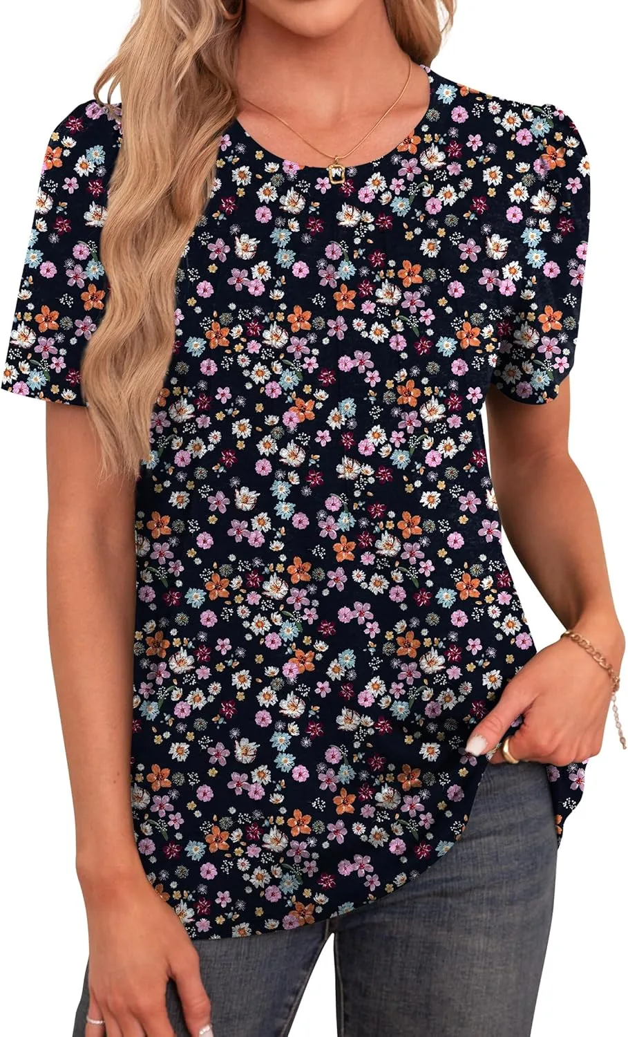 Agnes Urban Womens Tops Dressy Casual Short Sleeve Shirts Summer Loose T Shirts Trendy Tops Pleated Tunic Blouses