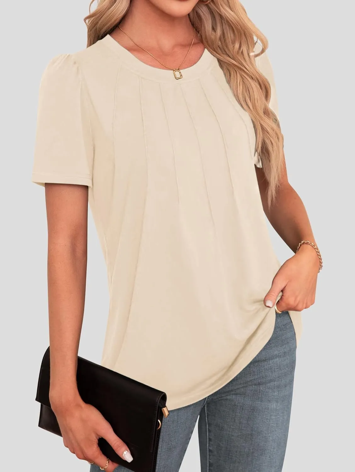 Agnes Urban Womens Tops Dressy Casual Short Sleeve Shirts Summer Loose T Shirts Trendy Tops Pleated Tunic Blouses