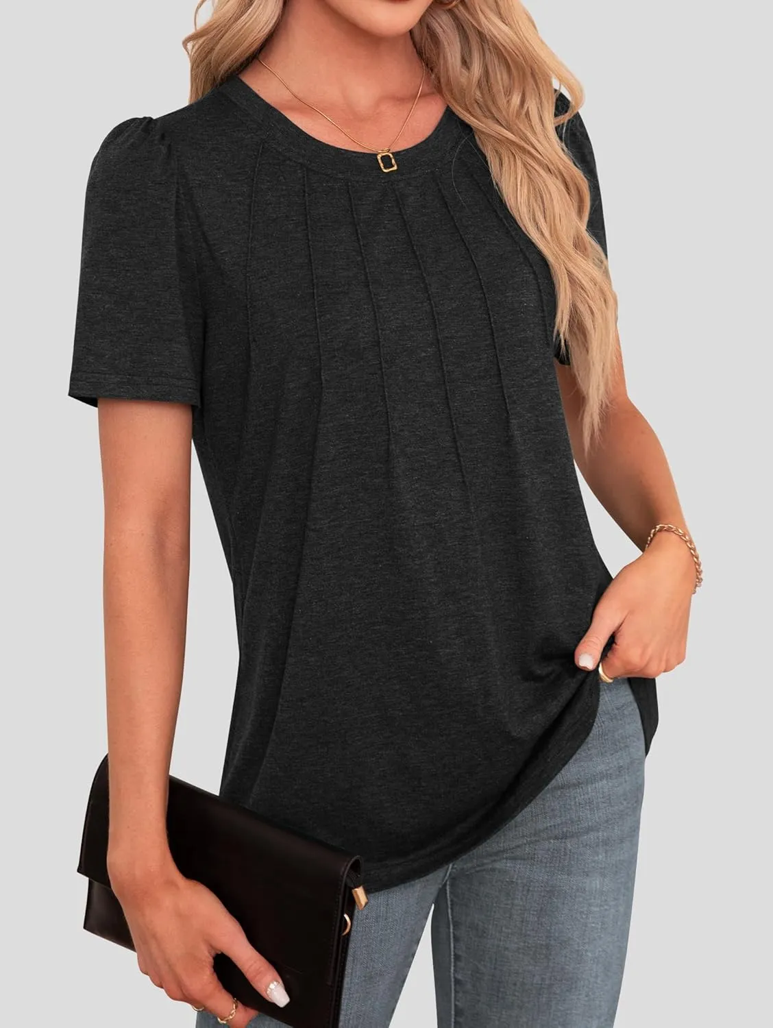 Agnes Urban Womens Tops Dressy Casual Short Sleeve Shirts Summer Loose T Shirts Trendy Tops Pleated Tunic Blouses