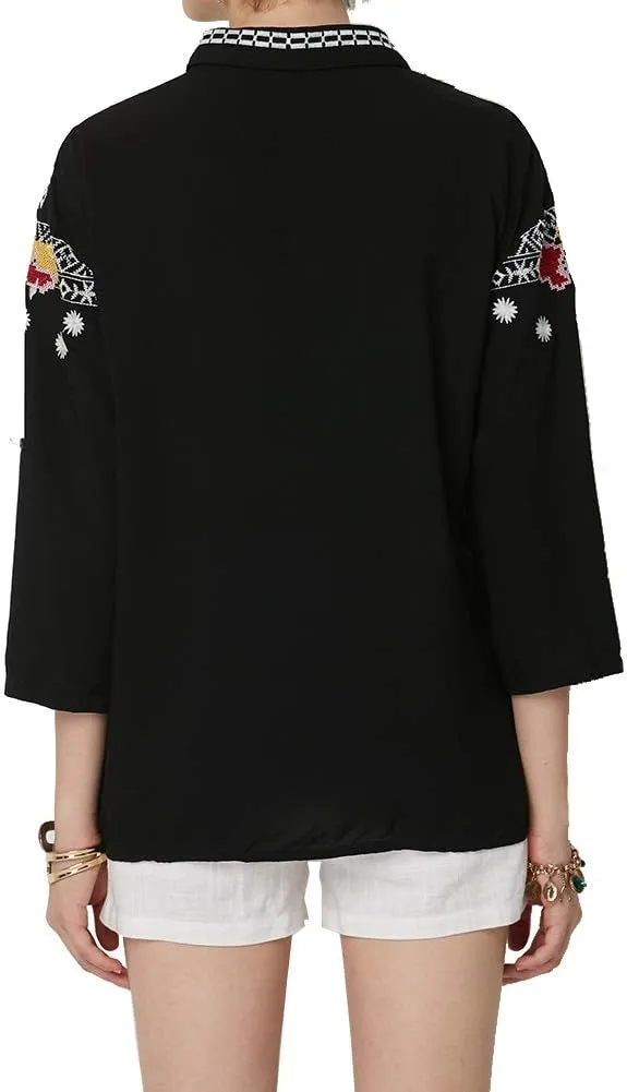 AK Women's Summer Boho Embroidery Mexican Bohemian Cotton Tops Shirt Tunic Blouses