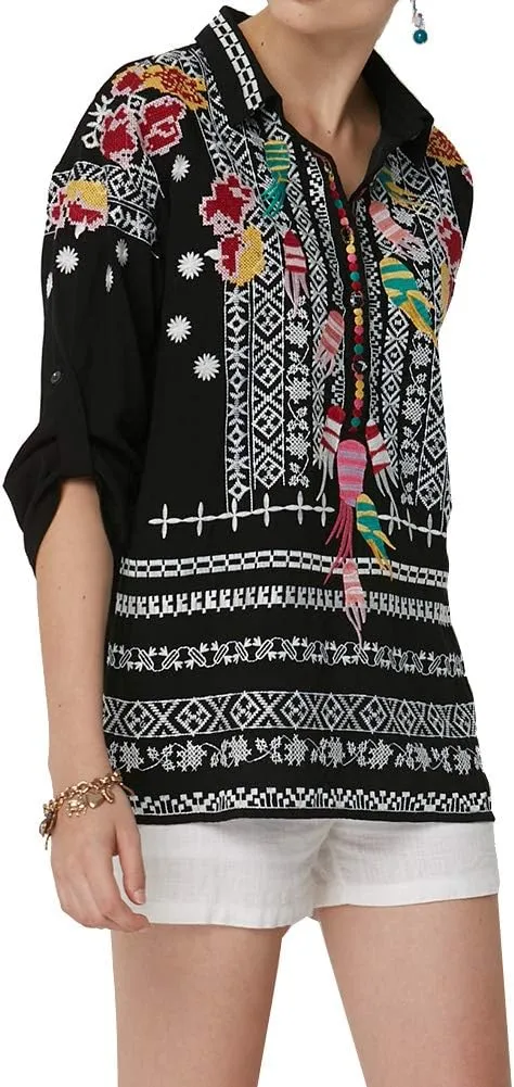 AK Women's Summer Boho Embroidery Mexican Bohemian Cotton Tops Shirt Tunic Blouses