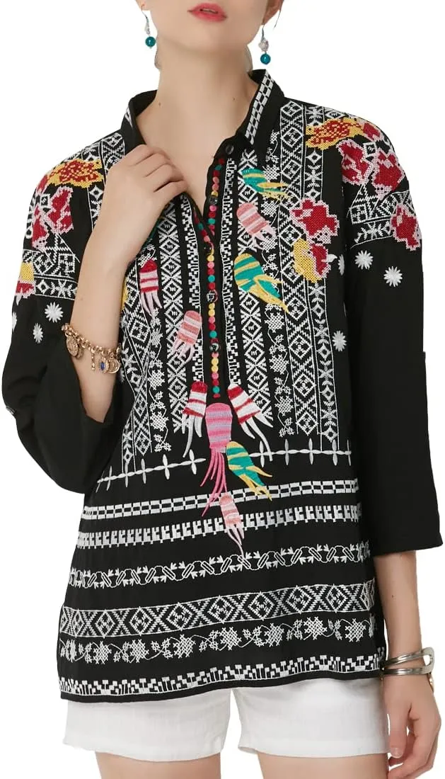 AK Women's Summer Boho Embroidery Mexican Bohemian Cotton Tops Shirt Tunic Blouses