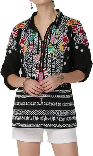 AK Women's Summer Boho Embroidery Mexican Bohemian Cotton Tops Shirt Tunic Blouses
