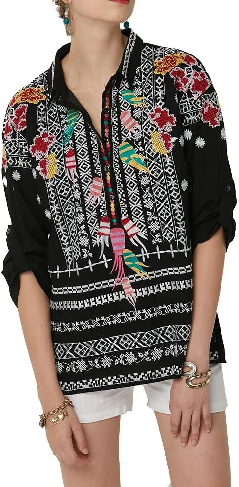 AK Women's Summer Boho Embroidery Mexican Bohemian Cotton Tops Shirt Tunic Blouses