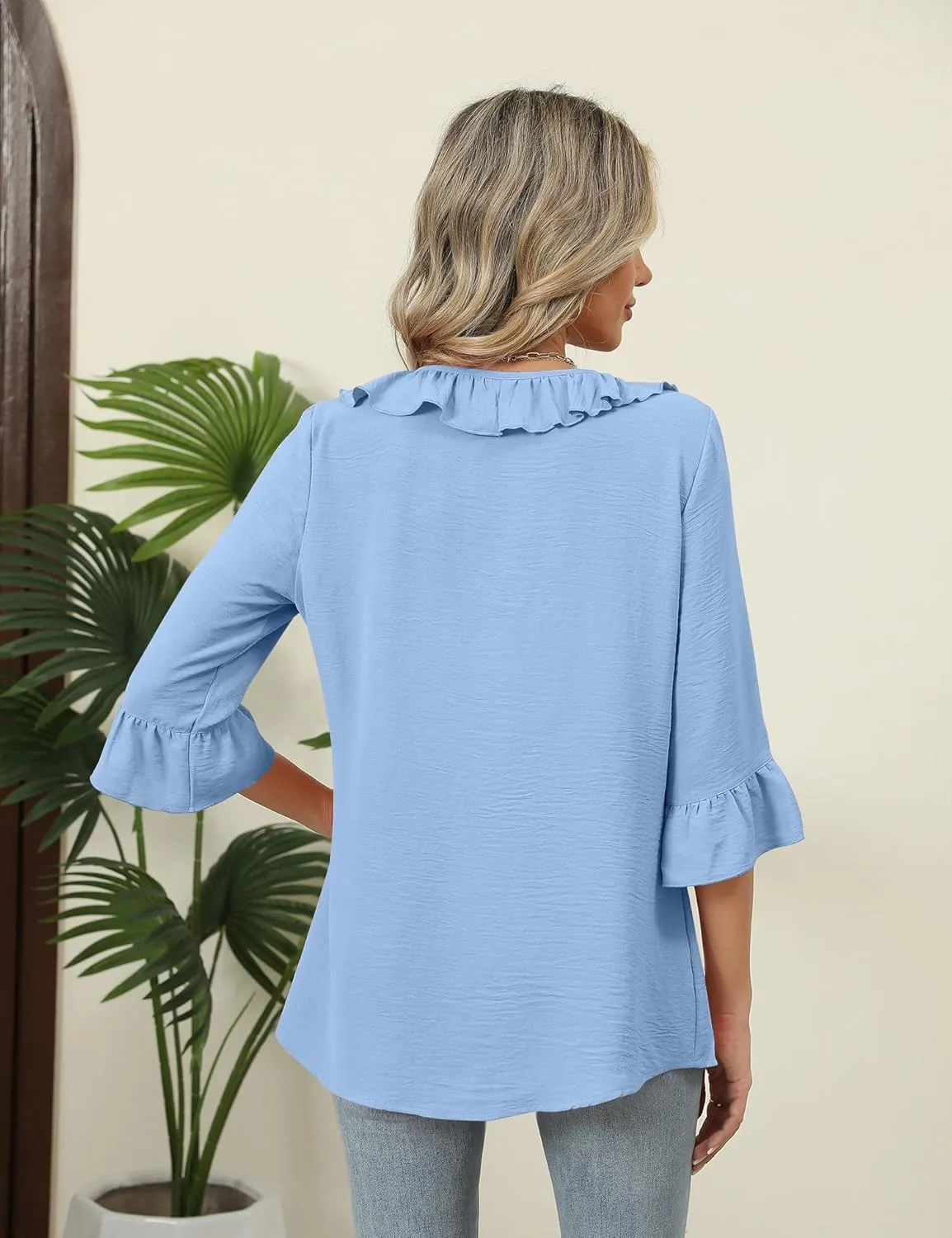 AKEWEI Womens 3/4 Length Sleeve Scoop Neck Tops Summer Tie Front Ruffle Shirts Casual Bell Sleeve Pleated Blouses 2025