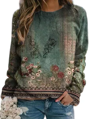 Akivide Women's Fall Boho Floral Crewneck Oversized Sweatshirt Flower Graphic Casual Loose Long Sleeve Pullover Top