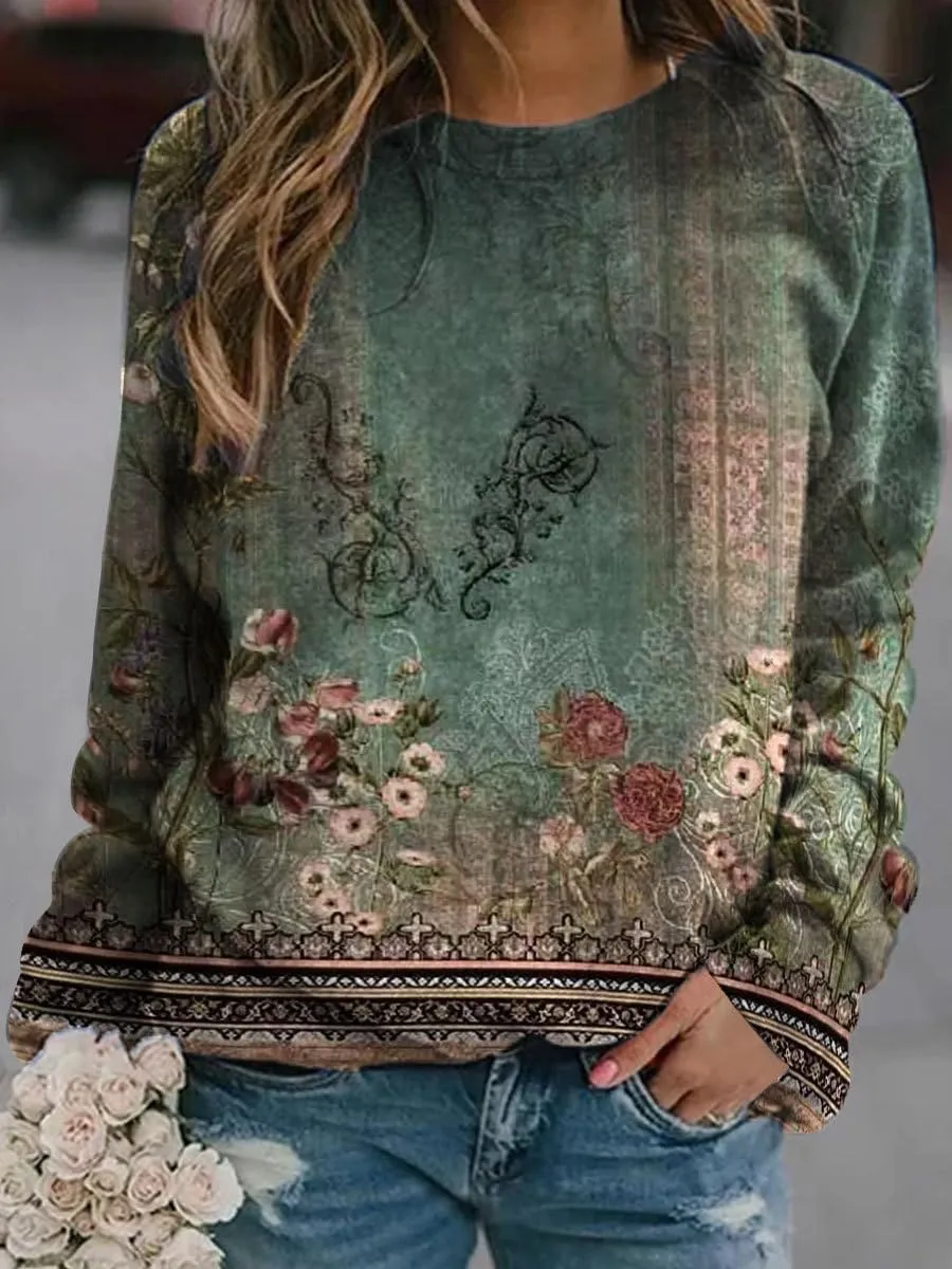 Akivide Women's Fall Boho Floral Crewneck Oversized Sweatshirt Flower Graphic Casual Loose Long Sleeve Pullover Top