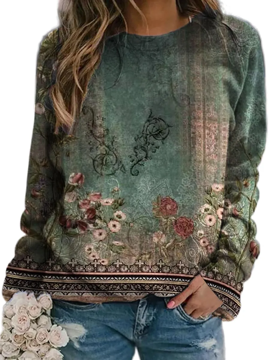 Akivide Women's Fall Boho Floral Crewneck Oversized Sweatshirt Flower Graphic Casual Loose Long Sleeve Pullover Top