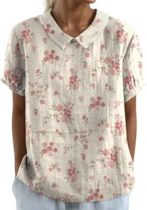 Akivide Women's Summer Cute Cotton Linen Boho Graphic Lapel Shirts Plus Size Lightweight Short Sleeve Dressy Casual Blouses