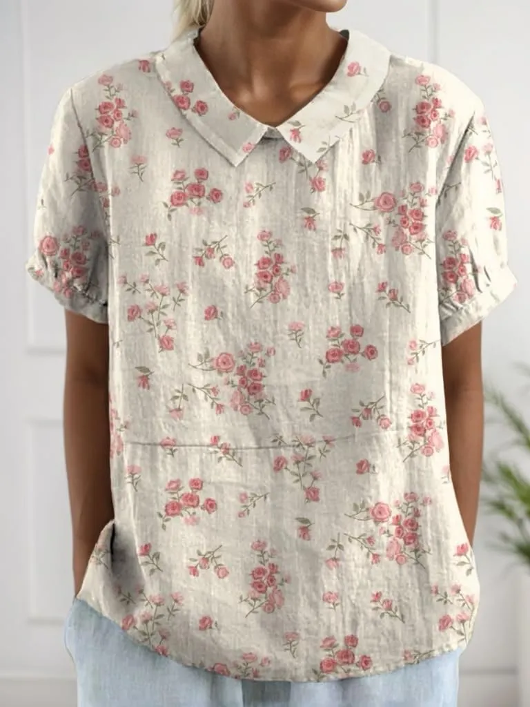Akivide Women's Summer Cute Cotton Linen Boho Graphic Lapel Shirts Plus Size Lightweight Short Sleeve Dressy Casual Blouses