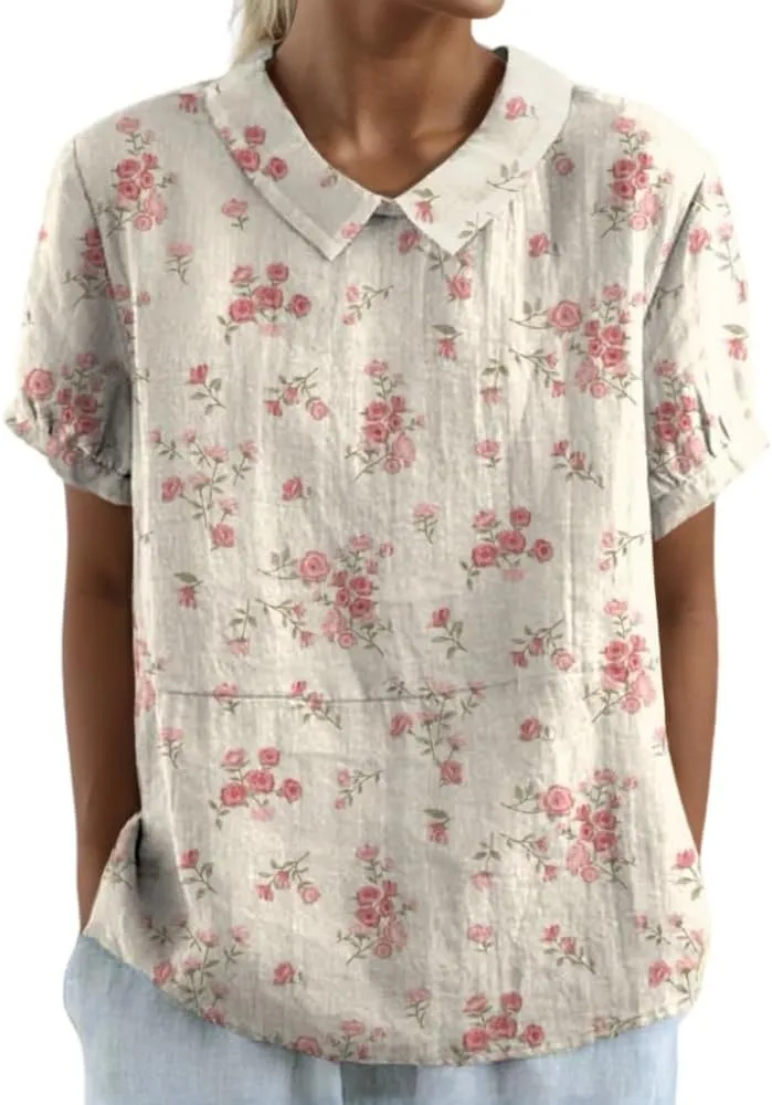 Akivide Women's Summer Cute Cotton Linen Boho Graphic Lapel Shirts Plus Size Lightweight Short Sleeve Dressy Casual Blouses