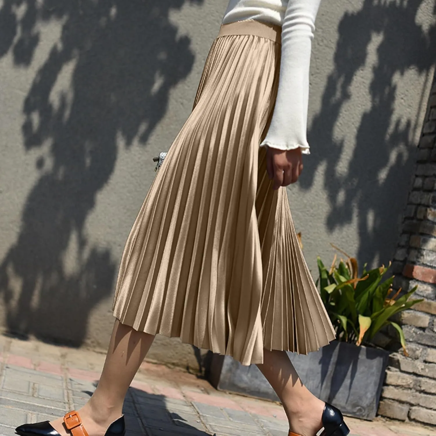 ALCEA ROSEA Women's Pleated Midi Skirt High Waist Knitted Solid Casual Skirt 7855