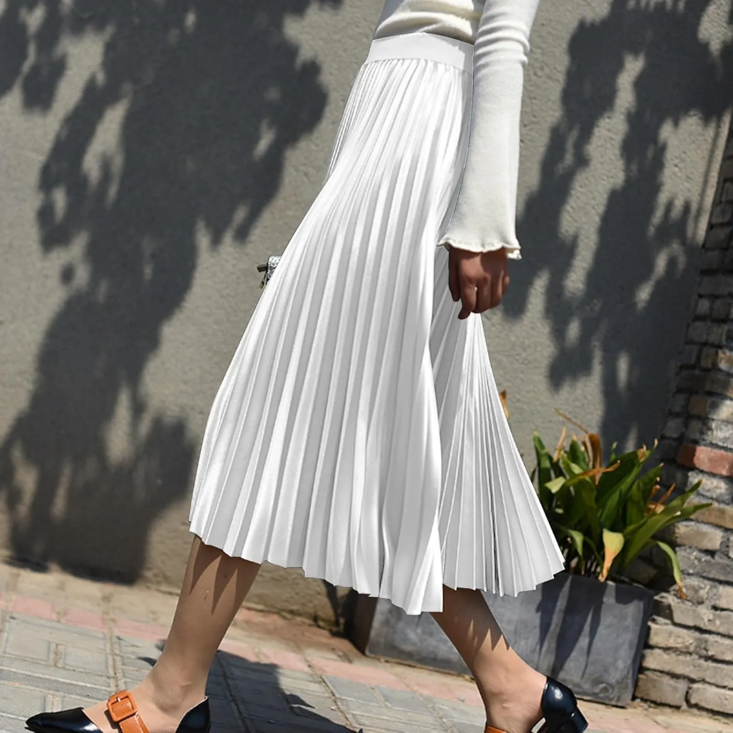 ALCEA ROSEA Women's Pleated Midi Skirt High Waist Knitted Solid Casual Skirt 7855