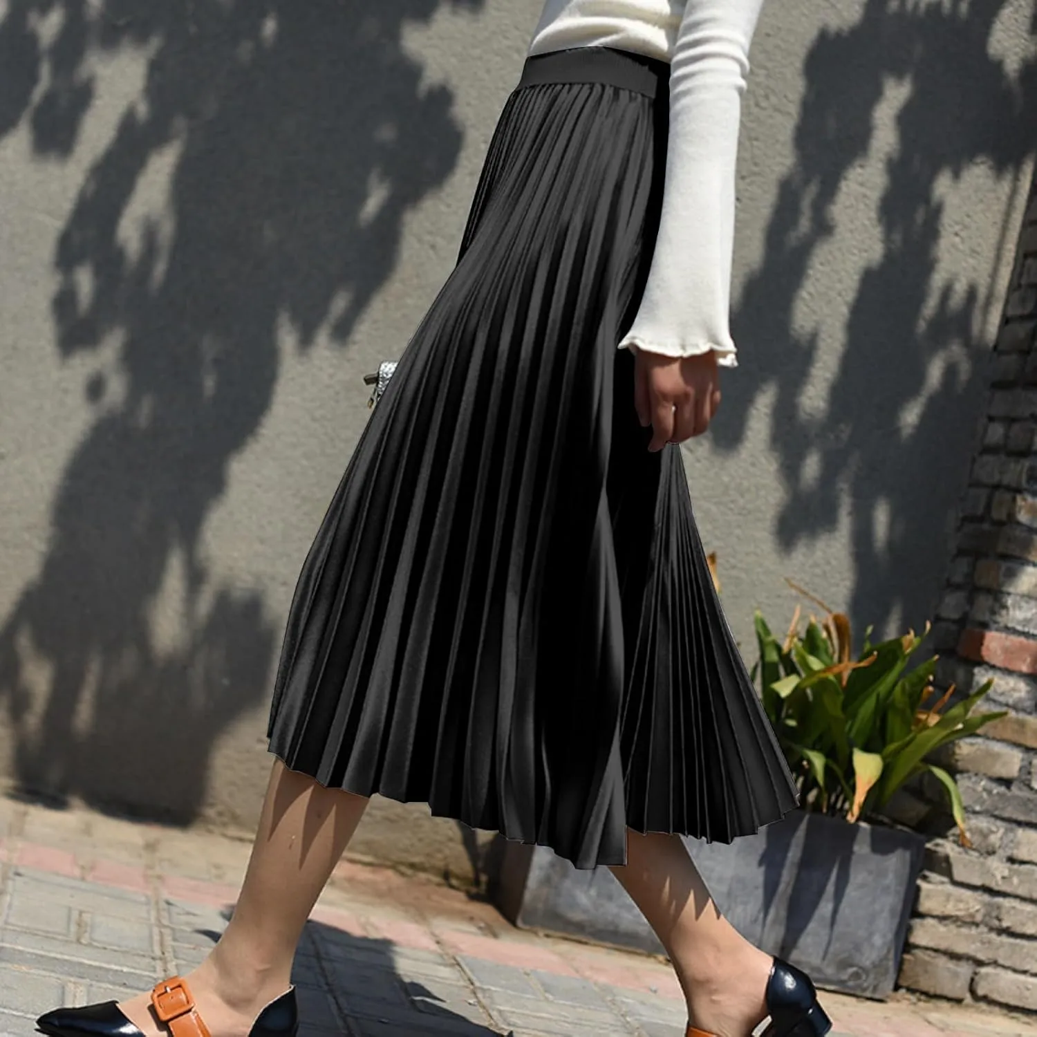 ALCEA ROSEA Women's Pleated Midi Skirt High Waist Knitted Solid Casual Skirt 7855